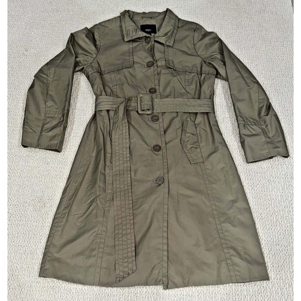EUC Mossimo Womens L Tan Khaki Belted Trench Coat Geometric Lined